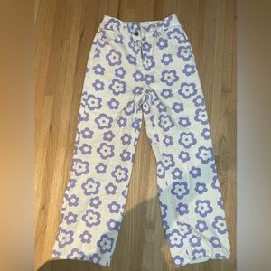 White and purple baggy flower jeans